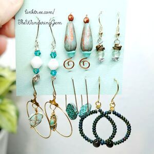 2/$50 -6 Piece Turquoise Tone Beaded Dangle Earring Set, Boho Fairy Cottage Core